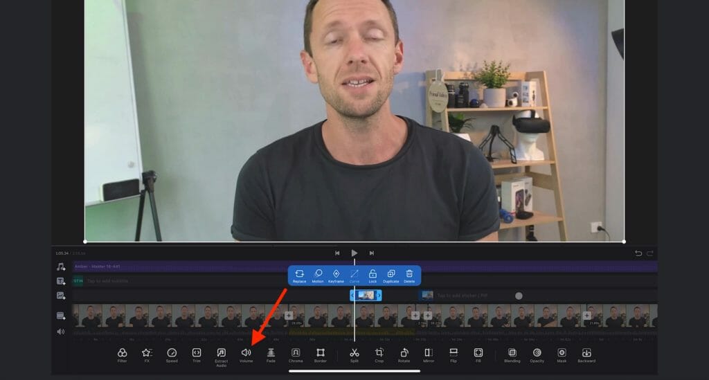 Volume tool with a Speaker icon used for adjusting the audio levels of the B-roll audio in VN Video Editor