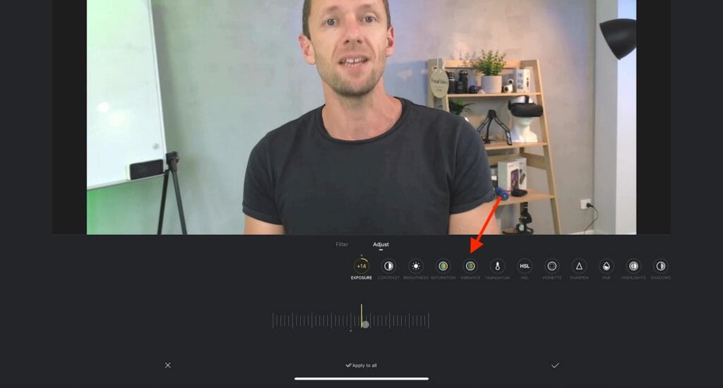 'Adjust' tab under Filter in VN Video Editor where you can edit your video's settings such as contrast, exposure, saturation and many more.