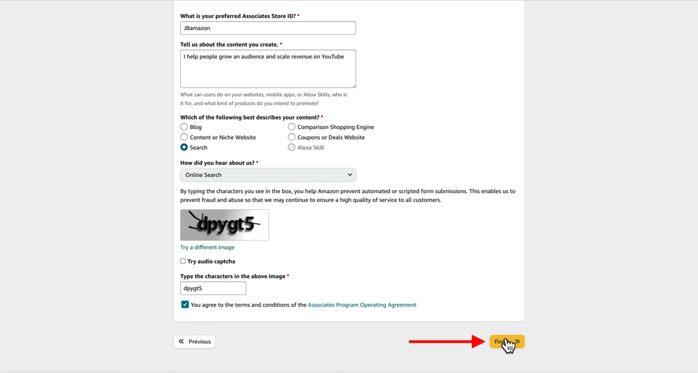 "Finish" button with the cursor on it at the end of the Amazon Associates Account creation page