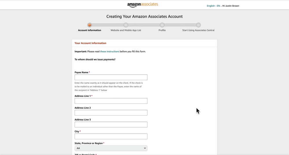 Amazon Associates Account creation with Account Information section open