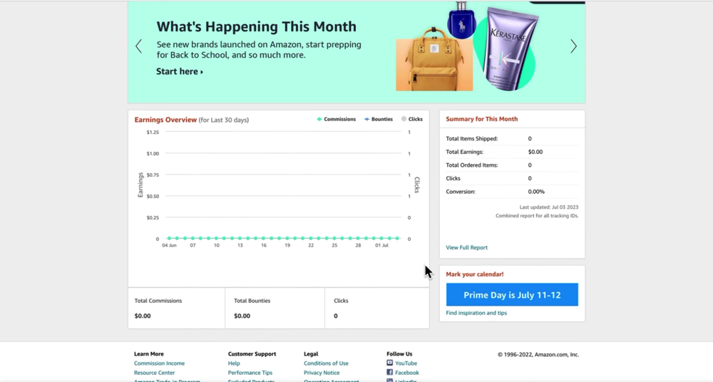 Amazon Central Interface with earnings overview and summary for the current month