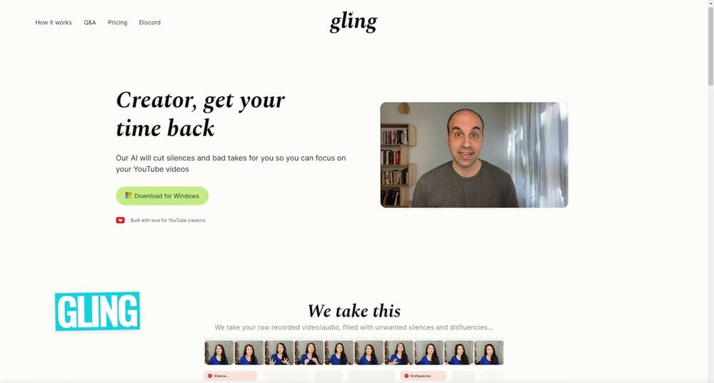 Gling Website with 'Creator, get your time back' tagline