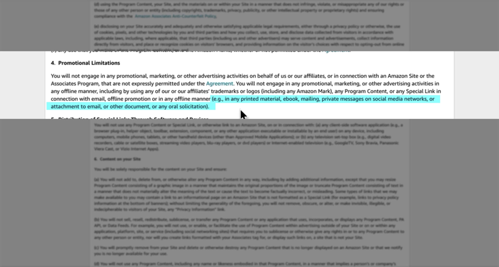 Highlighted list of examples of the limitations on where you can use Amazon affiliate links