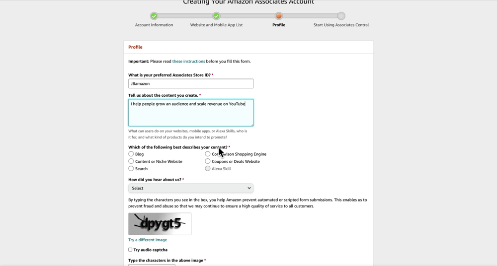 Profile information under Amazon Associates Account creation page