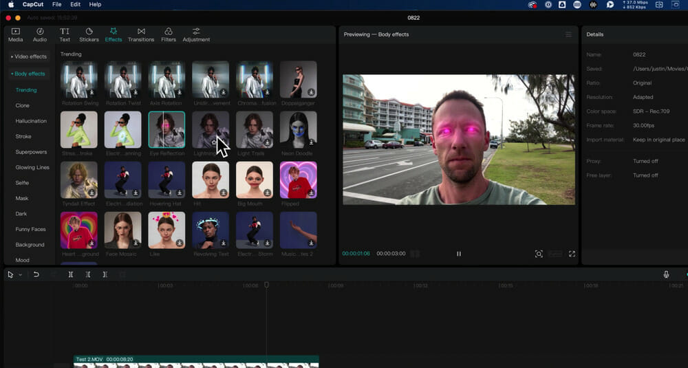 Video Effects selection in CapCut with Eye Reflection option selected