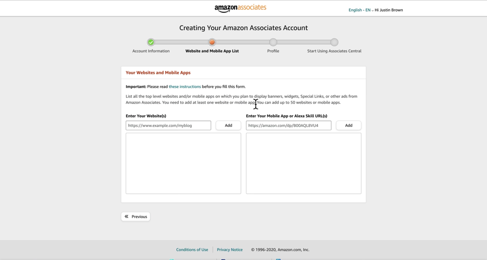 Website and Mobile App List under Amazon Associates Account creation page
