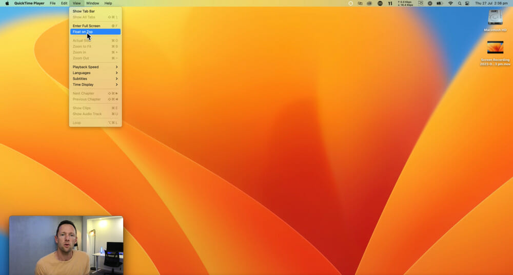 "Float on Top" option under View menu in QuickTime Player