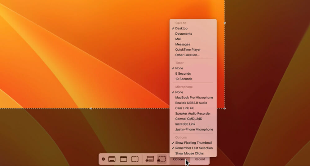 Options Menu in the QuickTime screen recording toolbar