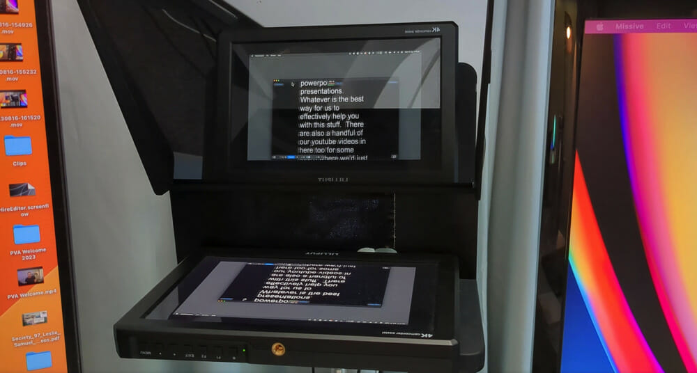 A teleprompter display that is connected to a Mac computer that uses Teleprompter Premium app