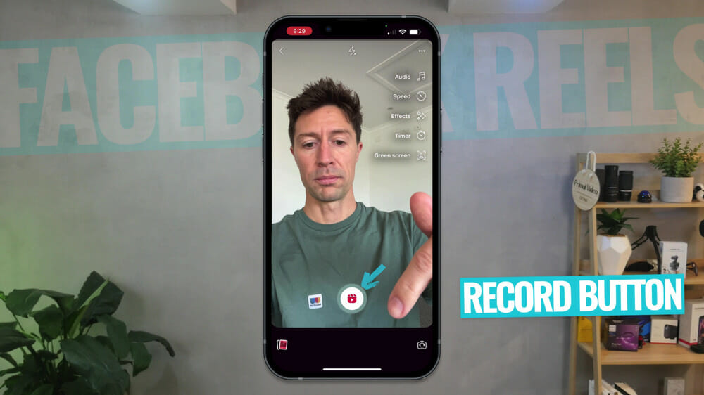 Facebook Reel Camera interface with an arrow pointing at the record button