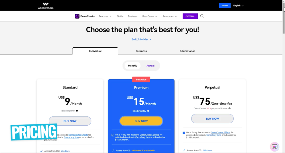 Wondershare DemoCreator pricing plan with the following options: Standard, Premium, and Perpetual