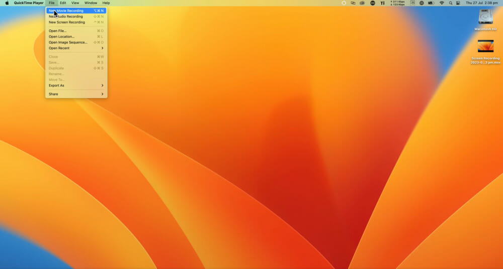 QuickTime Player File menu with New Movie Recording highlighted by the mouse cursor