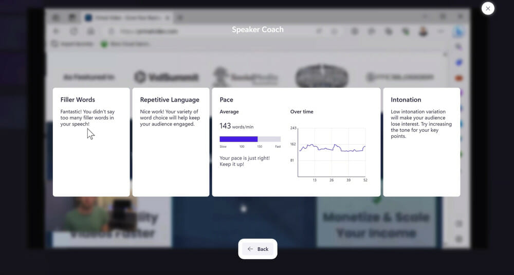 Speaker Coach Pop-up screen showing feedback about filler words, repetitive language, pace, and intonation in Clipchamp