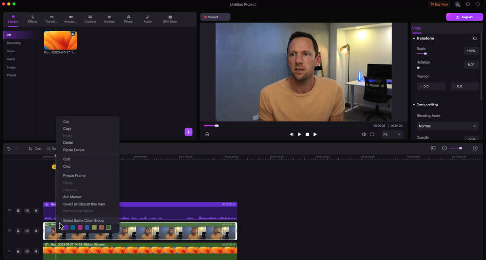 Split tool when right clicking on the video editing timeline in DemoCreator