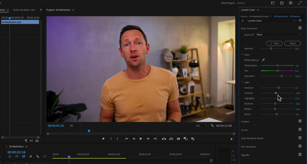 Sliders to adjust different color grading settings in Adobe Premiere Pro's Lumetri Color settings menu
