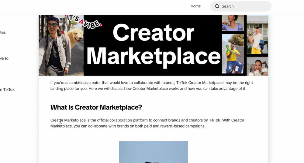 TikTok Creator Marketplace information page