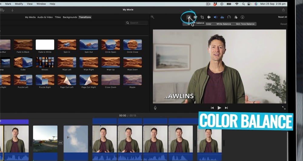 Color Balance icon for color correction where you can adjust color settings like White Balance in iMovie