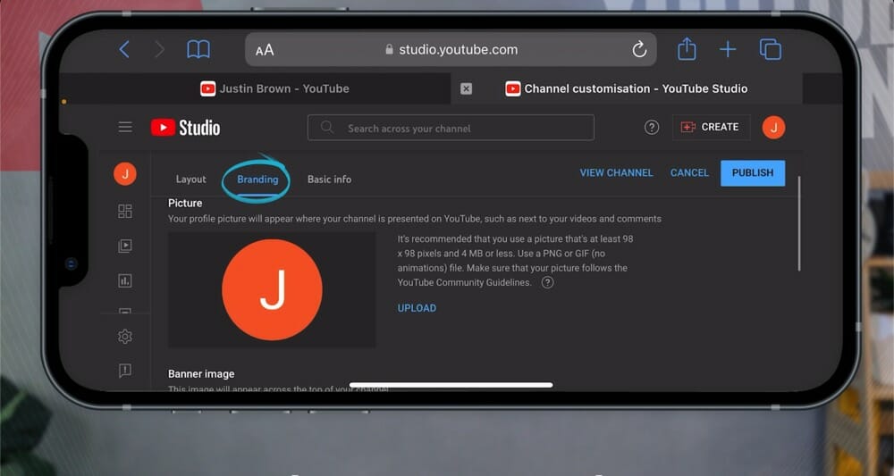 Branding tab under YouTube Studio channel customization settings with View Channel, Cancel, and Publish buttons on the top right under the Profile Picture